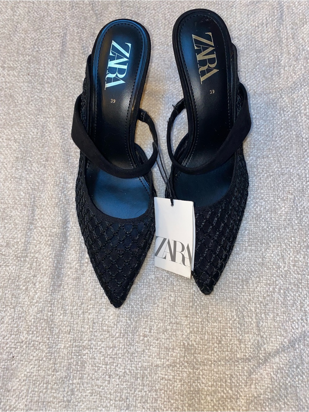 Zara Black Mesh Pointed Toe Kitten Heels Size 8